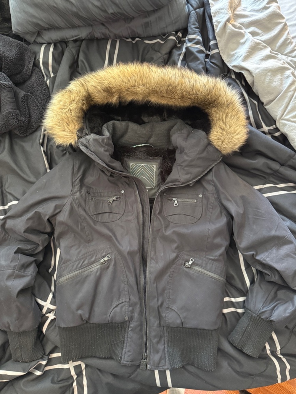 TNA Black Fur-Trim Hooded Bomber Jacket